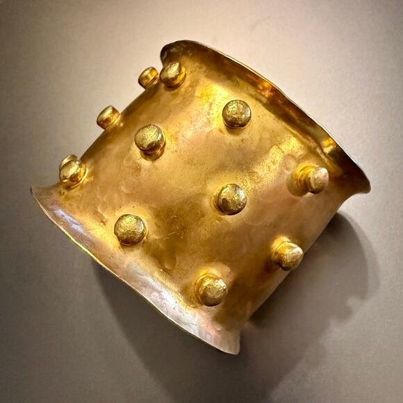 Artisan Hammered Brass Studded Wide Cuff Bracelet - Picture 5 of 7